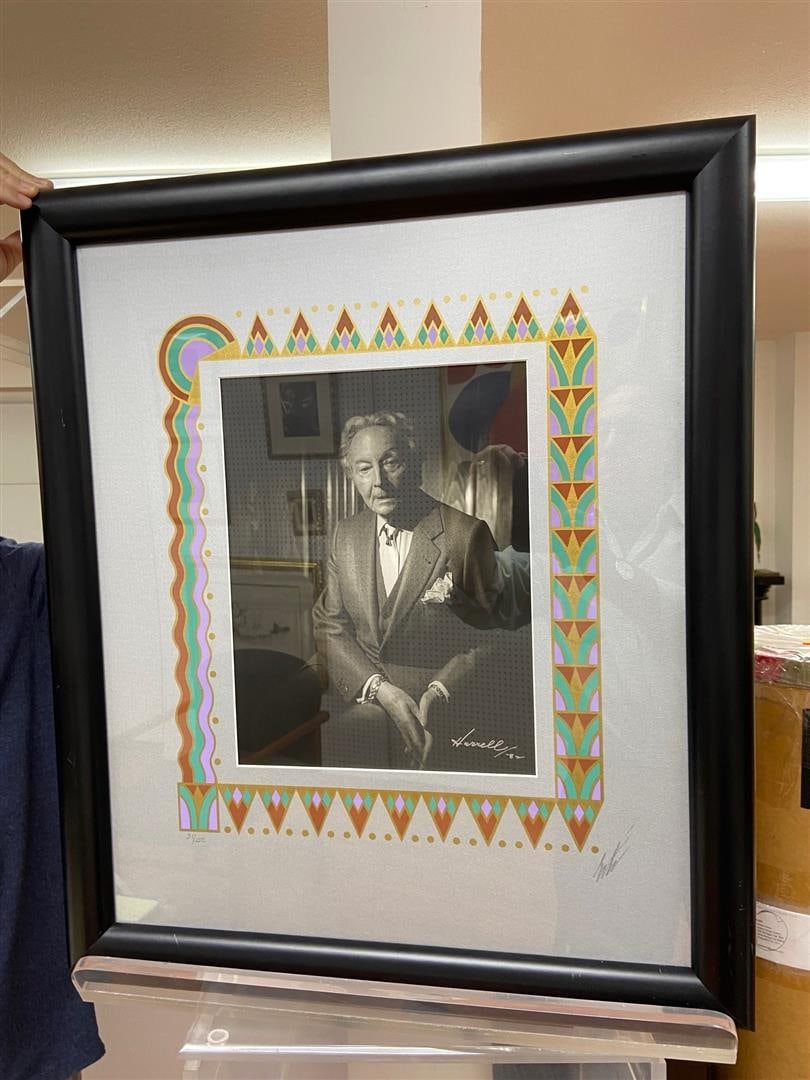 Portrait of ERTE by HURRELL & ERTE: A framed photograph by legendary Hollywood photographer HURREL, signed by both HURRELL M& ERTE with matboard designed by ERTE. # 31/150. Matted 24x20", framed (as is ) 27.5x23.5" f l