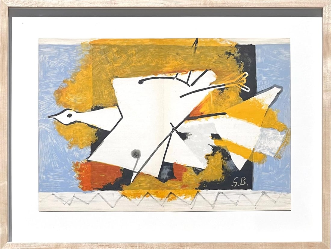 Georges Braque The Yellow Bird: This is an original stone lithograph, circa 1959, by Braque. It is a 15 x 22 inch plate initialed lithograph and comes framed at 21 1/2 x 28 1/2". IFPDA Certificate of Authenticity upon Sale.
