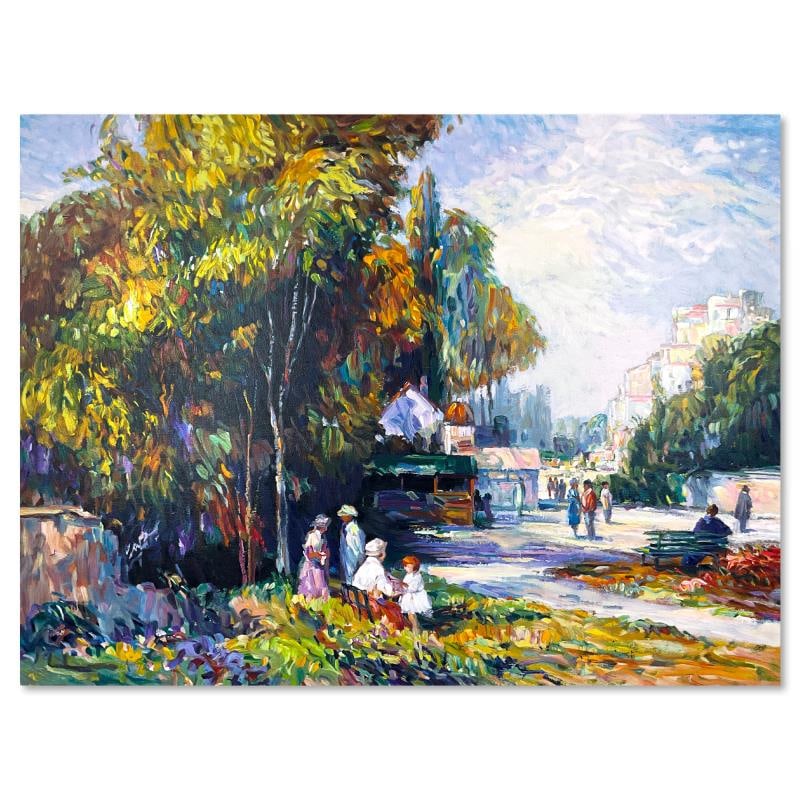 Sunday Outing by Henri Plisson (1933-2006): "Sunday Outing" is a limited edition printer's proof serigraph on stretched canvas by Henri Plisson (1933-2006), numbered 21/21 and hand signed by the artist. Includes Letter of Authenticity. Measures