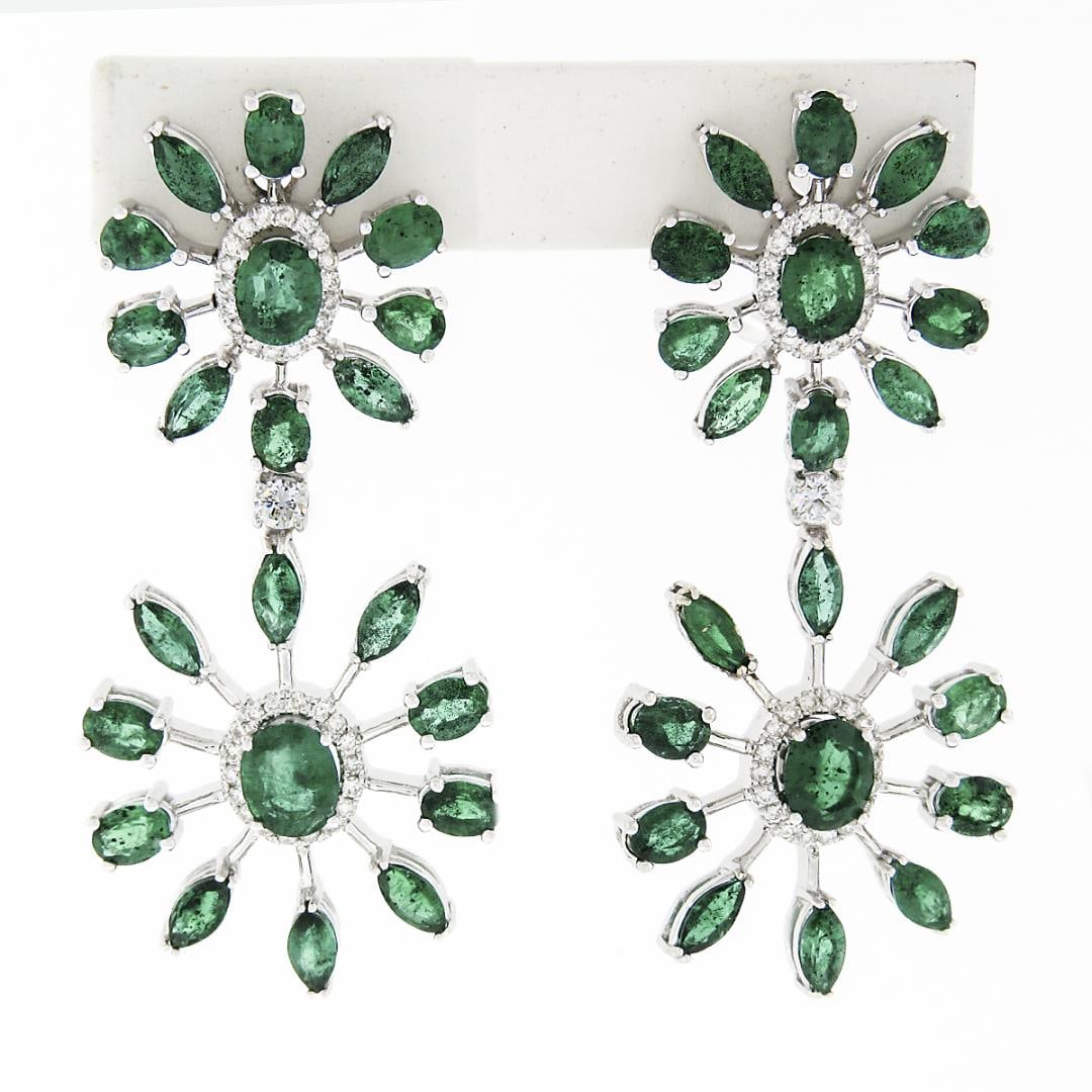 18k White Gold 8.28 ctw Emerald & Diamond Spray Snowflake Drop Dangle Earrings: A solid 18k white gold drop dangle earrings, with 74 round cut natural diamonds (G/H - VS1/VS2 ; 0.48ctw), and 44 oval marquise & pear cut natrual emeralds (7.80ctw). The earrings measure approximatel