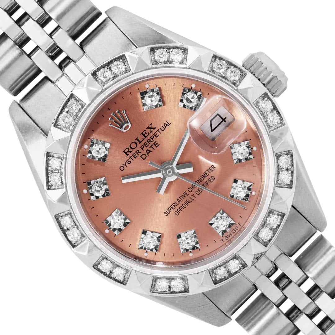 Rolex Ladies Stainless Steel Salmon Diamond Date Wristwatch 26MM: One Rolex Ladies Pre Owned Stainless Steel Date Wristwatch Polished Bright with Satin Finish, Serviced And Electronically Tested, Stainless Steel Case: 26mm, Stainless Steel Crown, Custom Bezel: New 1