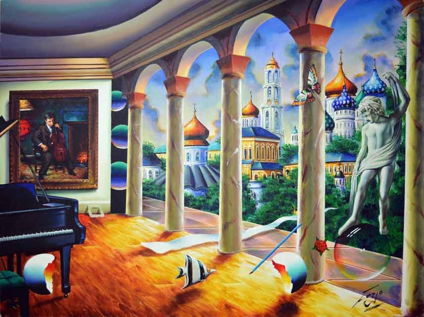 FERJO MUSIC ROOM WITH MICHELANGELO SIGNED ORIGINAL: Artist: Ferjo (b. 1946) - Title: Music Room with Michelangelo - Medium: Original Acrylic on Canvas - Signature: This one-of-a-kind work is hand-signed by the artist at the bottom of the image - Image