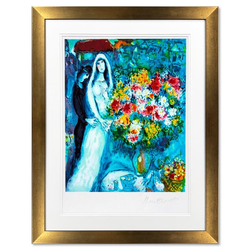 Bridal Bouquet by Chagall (1887-1985): "Bridal Bouquet" is a framed limited edition lithograph on paper by Marc Chagall (1887-1985). Printed by Atelier Tete a Tete in Paris and authorized by the Chagall Estate and ADAGP Paris , the piece i