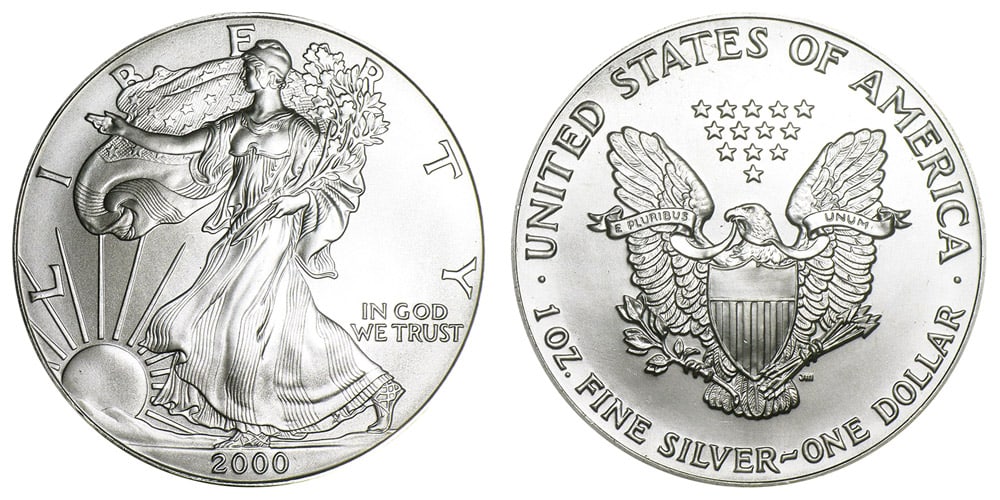 2000 American Silver Eagle.999 Fine Silver Dollar Coin: One 2000 American Silver Eagle.999 Fine Silver Dollar Coin. A great addition to any beginner or advanced coin collector's collection!