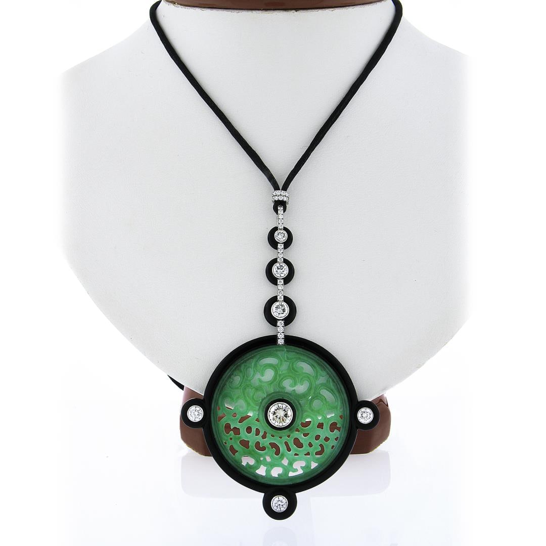 Vintage Georg Hornemann Carved Jadeite Jade Black Onyx Diamond Pendant Necklace: Vintage Georg Hornemann Carved Jadeite Jade Black Onyx Diamond Pendant Necklace