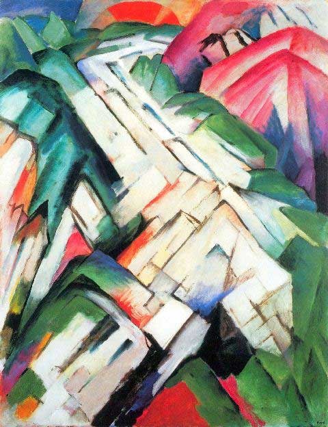 Franz Marc - Mountains: Artist: Franz Marc - Title: Mountains - Medium: Fine Art Reproduction Giclee on Canvas - Image Size: Approximately 20 inches x 15.25 inches - Unframed on Unstretched Canvas - Biography: Franz Moritz W