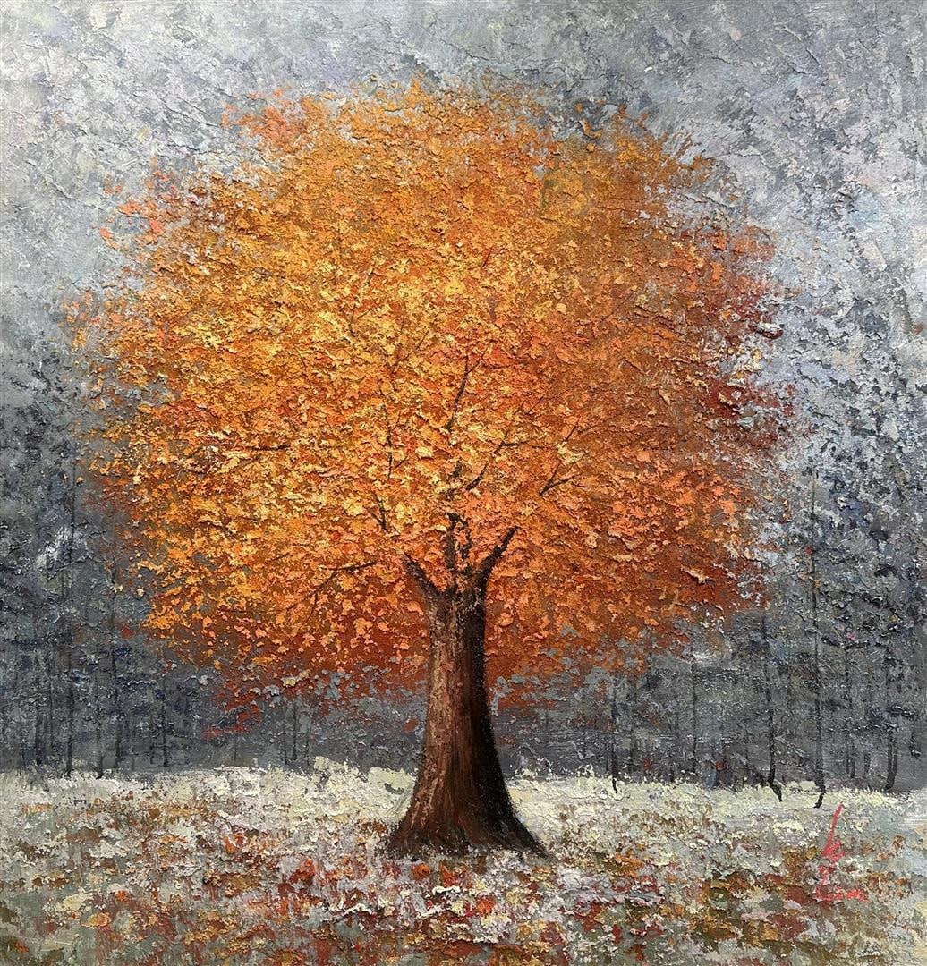 "Lonely in Fall" original by Inam: A stunning landscape in the classic impressionist style, with heavy impasto, by world renowned artist Inam. 44"x44" original on canvas, with COA