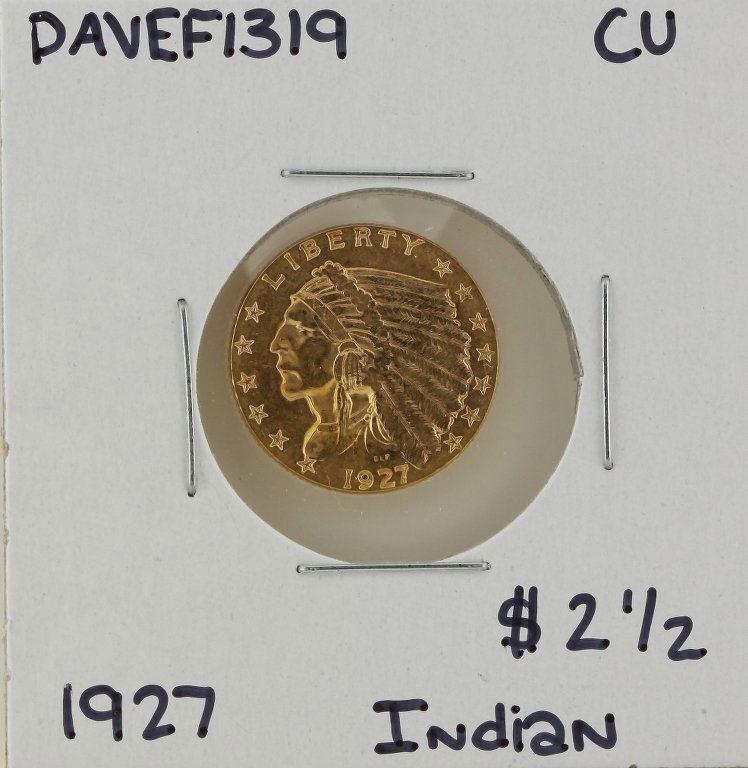 1927 $2 1/2 CU Indian Head Quarter Eagle Gold Coin DAVE: 1927 $2 1/2 CU Indian Head Quarter Eagle Gold Coin DAVEF1319. As-Is Condition! EM953NF. One 1927 $2 1/2 CU Indian Head Quarter Eagle Gold Coin. Thank you for viewing this lot! We are always adding new