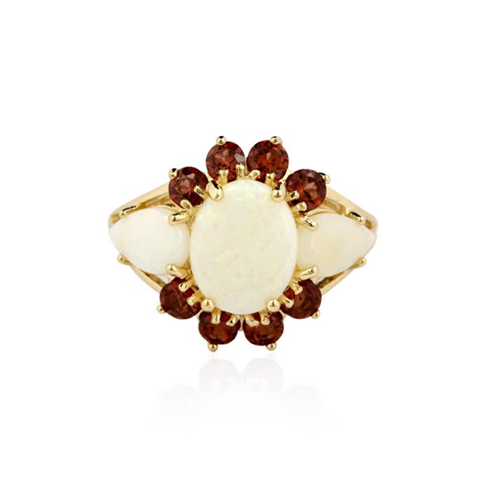 14KT Yellow Gold 2.00ctw Opal & Garnet Ring GB1207: 14KT Yellow Gold 2.00ctw Opal & Garnet Ring GB1207. Great Condition! HD922BC. One ring featuring: 3.7 of 14KT yellow gold, (3) opals with a total weight of 2.00w and garnets with a total weight of 0.5