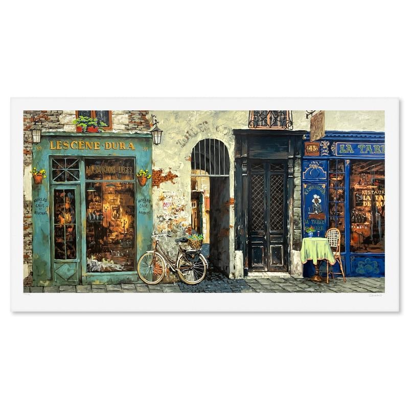 La Vielle Bicyclette by Shvaiko, Viktor: "La Vielle Bicyclette" is a limited edition printer's proof serigraph on paper by Viktor Shvaiko, numbered 2/3 and hand signed by the artist. Includes Letter of Authenticity. Measures approx. 32.5" x 