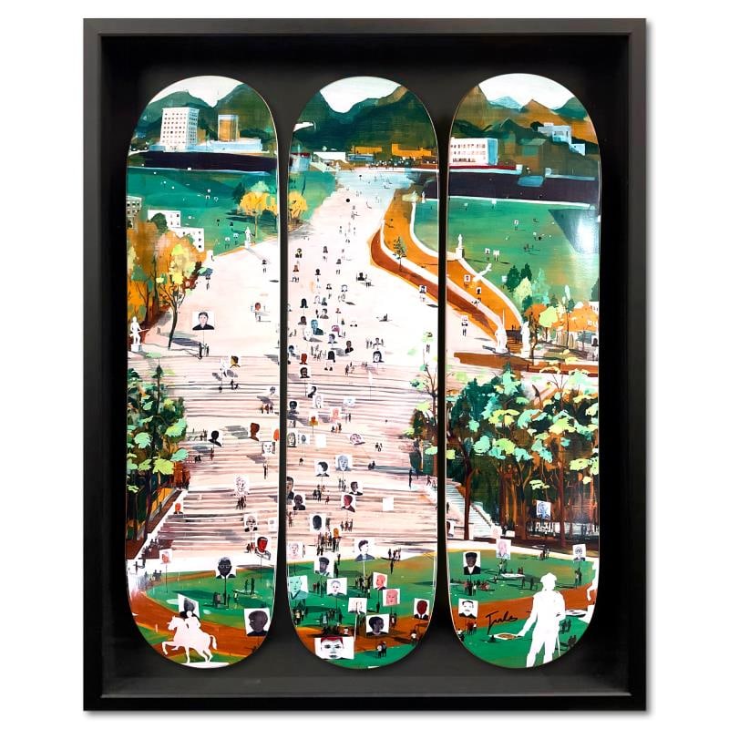 Idol Hands by de Balincourt, Jules: "Idol Hands" is a limited edition skateboard triptych by Jules de Balincourt, numbered and hand signed by the artist inverso. This triptych comes custom framed. Includes Letter of Authenticity. Measur
