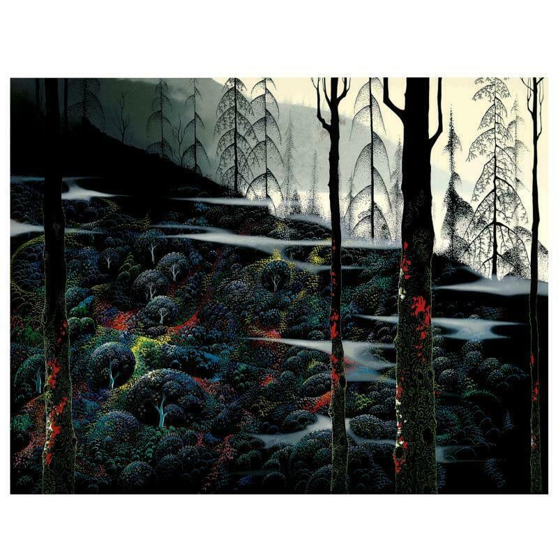 Dawns First Light by Eyvind Earle (1916-2000): "Dawns First Light" is a limited edition serigraph on paper by Eyvind Earle (1916-2000). The piece is numbered, hand-signed by the artist, and accompanied by a certificate of authenticity. Measures ap