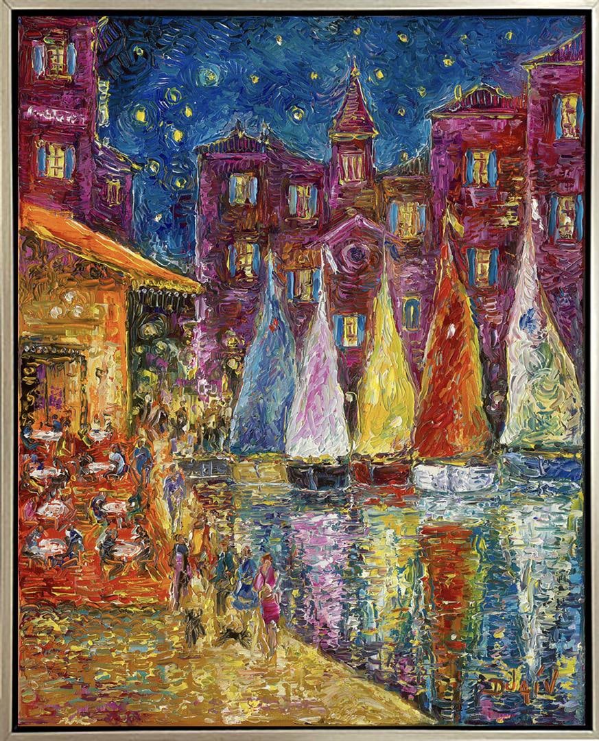 Nuit Cafe by Duaiv: Phenomenal signed and embellished limited edition art on canvas. This artwork is 1 out of a very limeted 25 piece collection. This artwork comes framed ready to hang. Art will come with a certificate 