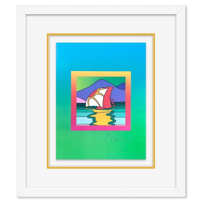 Sailboat East on Blends by Peter Max: "Sailboat East on Blends" is a limited edition lithograph on paper by Peter Max, numbered and hand signed by the artist. This piece comes framed. Includes Certificate of Authenticity from Peter Max St