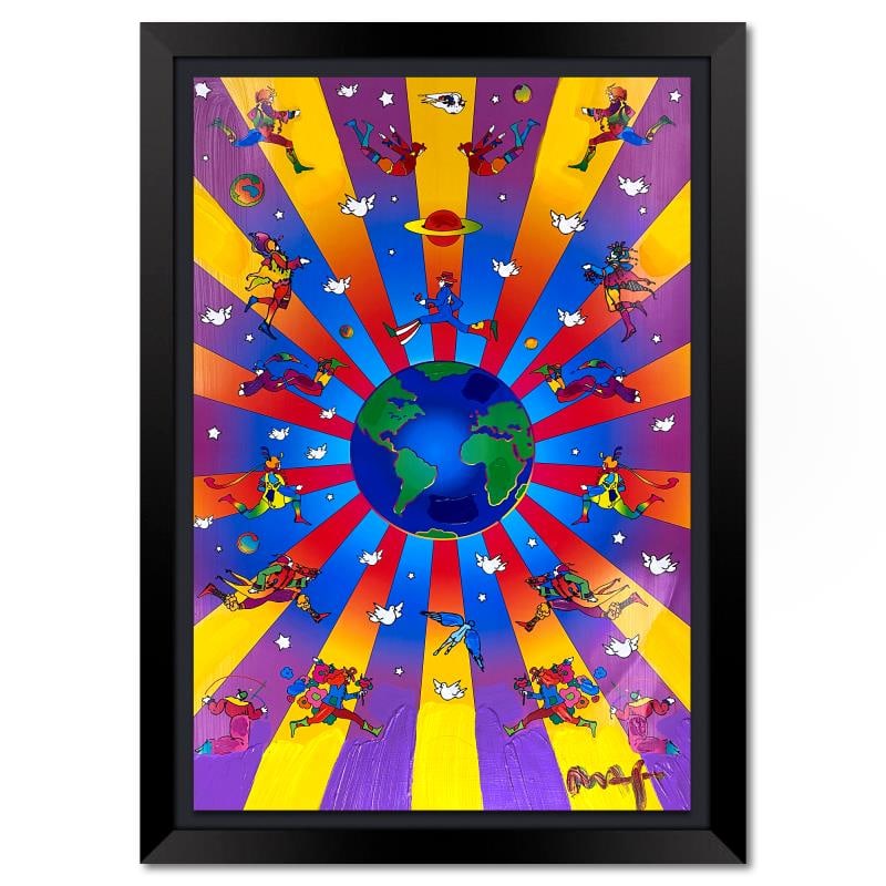 Earth Day 2000 by Peter Max: "Earth Day 2000" is a one-of-a-kind mixed media on paper, hand signed by Peter Max. The piece comes custom framed with a backside cutout to display Peter Max Studio registration number 277993 certifyi
