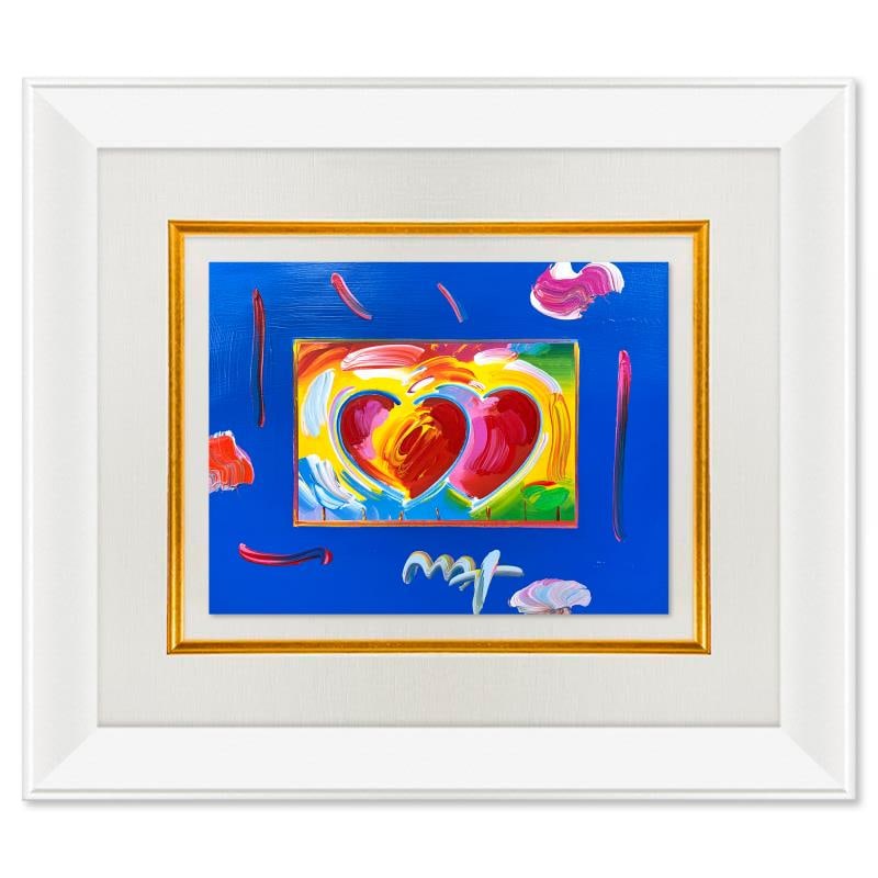 2 Hearts by Peter Max: "2 Hearts" is a hand signed one-of-a-kind acrylic mixed media on paper by Peter Max. The piece comes custom framed with a backside cutout to display Peter Max Studio registration number 242209 certify