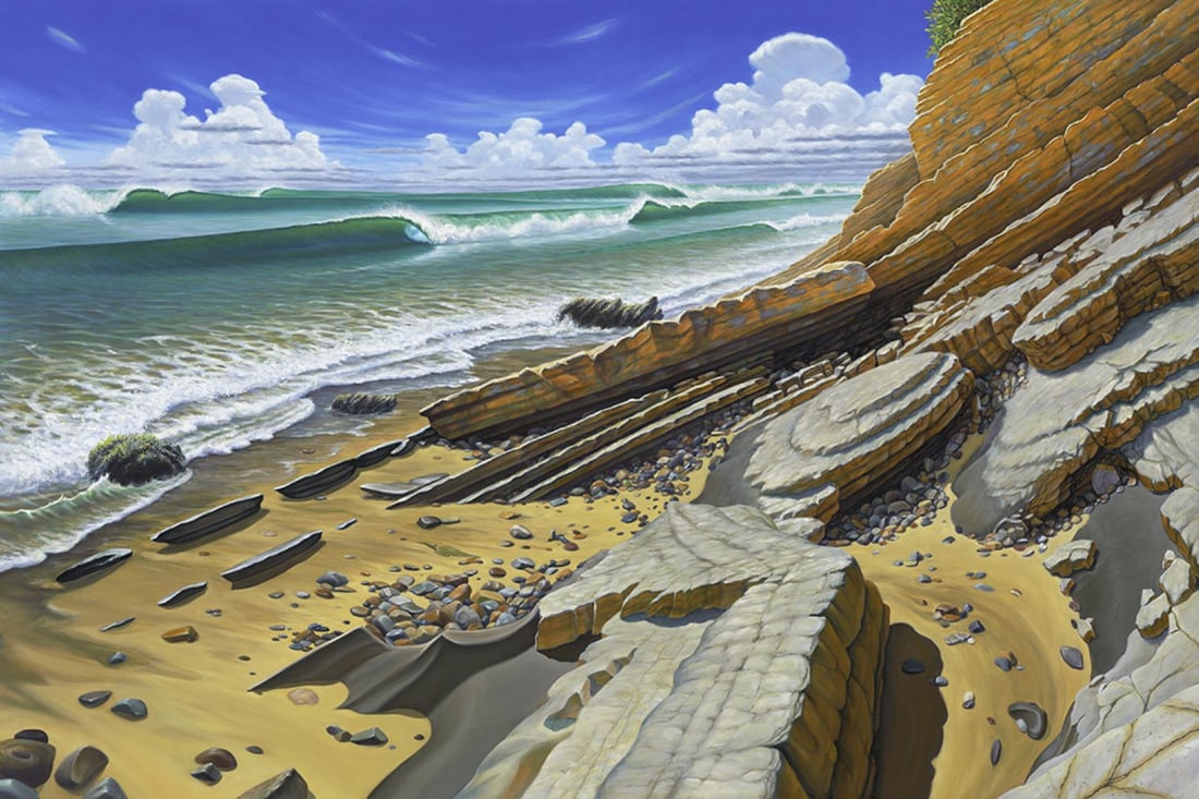 REFUGIO BEACH by Charles Lynn Bragg: REFUGIO BEACH. Original acrylic and oil on canvas , depicting one of surfer dude Charles Lynn Bragg's favorite spots , just south of Santa Barbara, California.