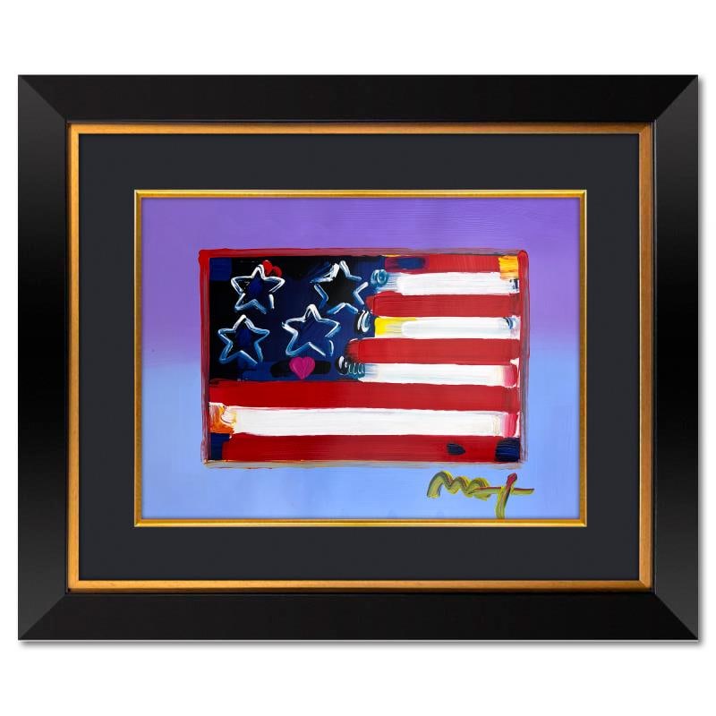 Flag by Peter Max: "Flag" is a one-of-a-kind mixed media on paper, hand signed by Peter Max. The piece comes custom framed with a backside cutout to display Peter Max Studio registration number 204432 certifying authent