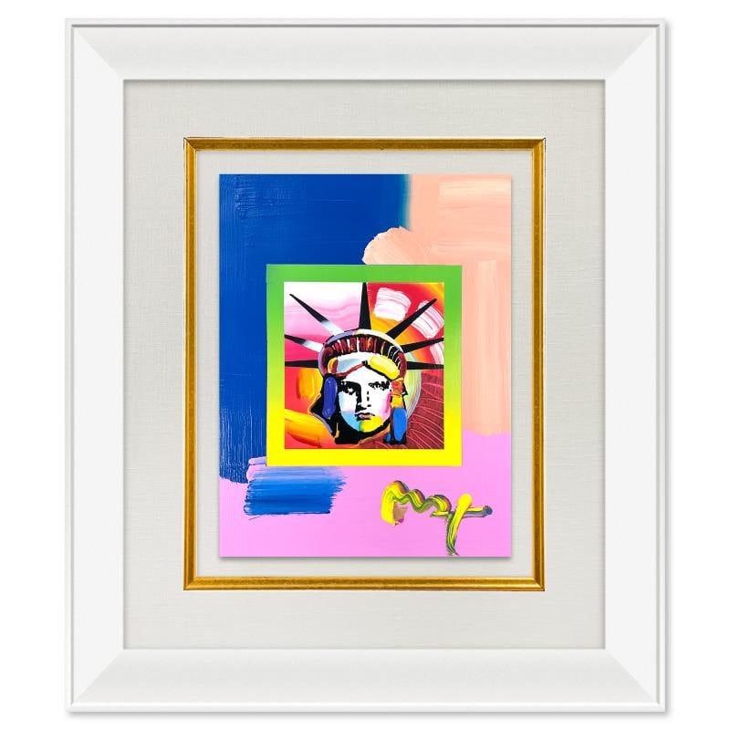 Liberty Head by Peter Max: "Liberty Head" is a one-of-a-kind acrylic mixed media on paper, hand signed by Peter Max. The piece comes custom framed with a backside cutout to display Peter Max Studio registration number 271545 ce