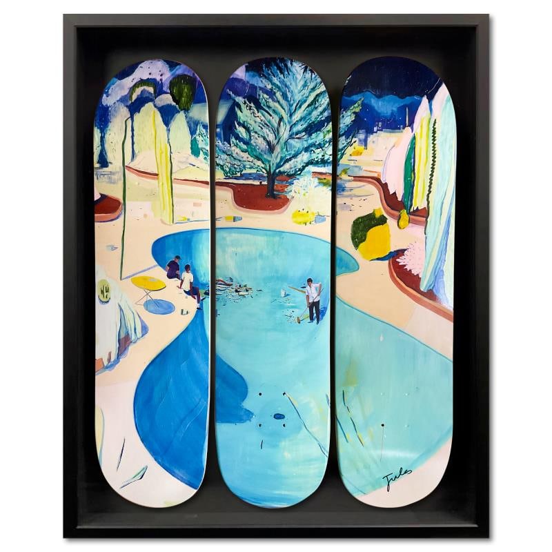 New Arrivals by de Balincourt, Jules: "New Arrivals" is a limited edition skateboard triptych by Jules de Balincourt, numbered and hand signed by the artist. This triptych comes custom framed. Includes Letter of Authenticity. Measures app