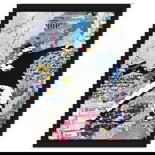 Banksy Thrower by Mr Brainwash Original: "Banksy Thrower" is a unique (UNQ) mixed media on deckle edge paper by Mr Brainwash, Hand Signed and thumbprinted inverso by