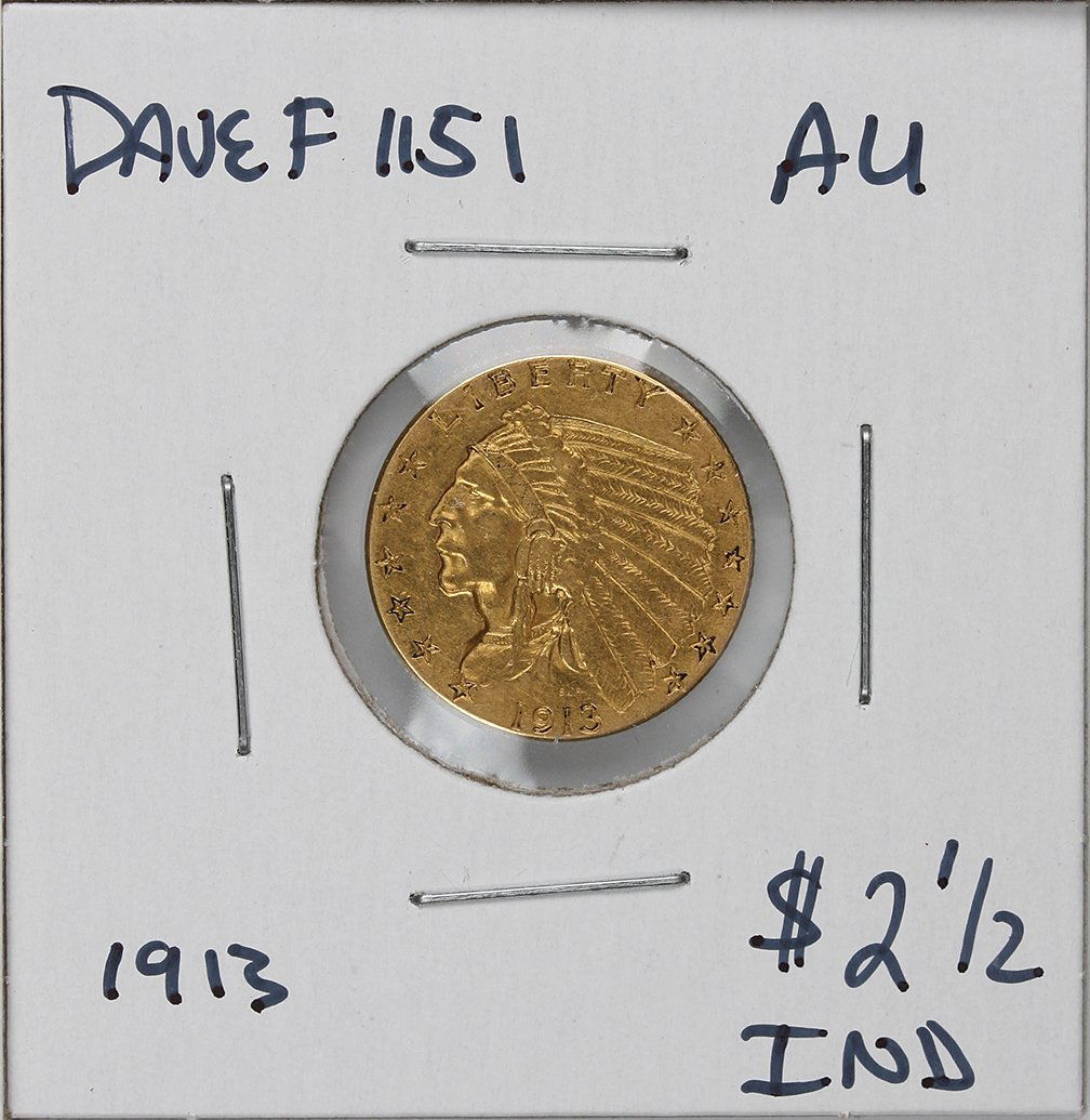 1913 $2 1/2 AU Indian Head Quarter Eagle Gold Coin Dave: 1913 $2 1/2 AU Indian Head Quarter Eagle Gold Coin DaveF1151. As-Is Condition! HO933KG. One 1913 $2 1/2 AU Indian Head Quarter Eagle Gold Coin. Thank you for viewing this lot! We are always adding new