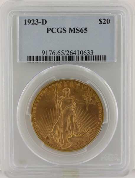 1923-D $20 PCGS MS65 St. Gaudens Double Eagle Gold Coin: 1923-D $20 PCGS MS65 St. Gaudens Double Eagle Gold Coin DaveF1240. As-Is Condition! OU9832HG. One 1923-D $20 PCGS MS65 St. Gaudens Double Eagle Gold Coin. Thank you for viewing this lot! We are always