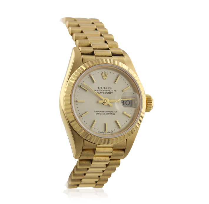 Ladies Rolex DateJust 18KT Yellow Gold Wristwatch GB796: Ladies Rolex DateJust 18KT Yellow Gold Wristwatch GB796. Good Condition! UD9054KZ. One ladies, hand crafted & machine milled Rolex Lady President, the DateJust model wristwatch electronically tested 1