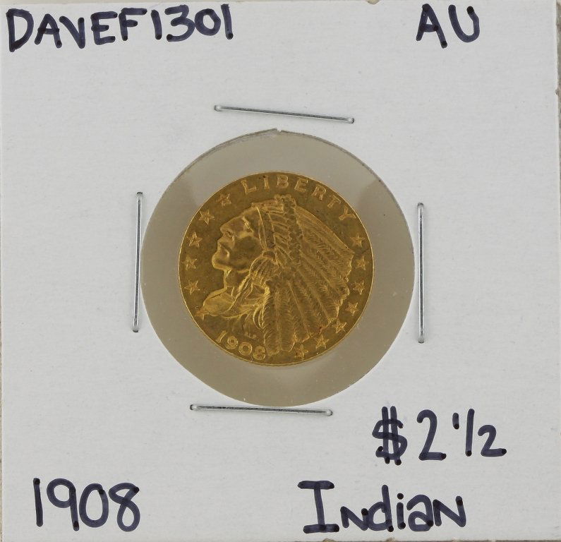 1908 $2 1/2 AU Indian Head Quarter Eagle Gold Coin DAVE: 1908 $2 1/2 AU Indian Head Quarter Eagle Gold Coin DAVEF1301. As-Is Condition! CX923HN. One 1908 $2 1/2 AU Indian Head Quarter Eagle Gold Coin. Thank you for viewing this lot! We are always adding new