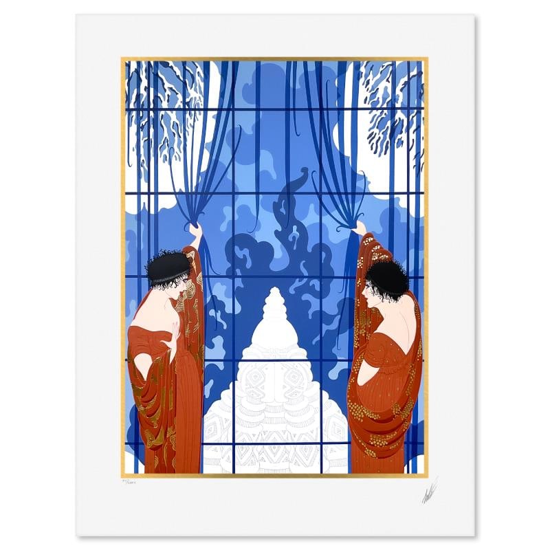 Winters Arrival by Erte (1892-1990): "Winters Arrival" is a limited edition serigraph on paper by Erte (1892-1990), numbered XII/CXXV and hand signed by the artist. Includes Letter of Authenticity. Measures approx. 33" x 24.5" (border),