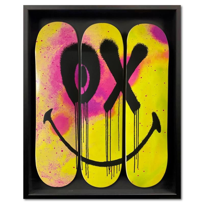 Mr. A Smiley by Mr. Andre: "Mr. A Smiley" is a limited edition skateboard triptych by Andre Saraiva, numbered and bearing the plate signature of the artist inverso. This triptych comes custom framed. Includes Letter of Authenti