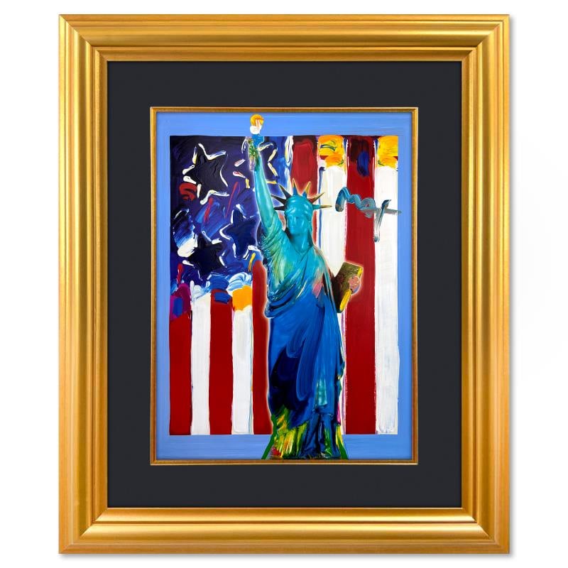 United We Stand by Peter Max: "United We Stand" is a one-of-a-kind mixed media on paper, hand signed by Peter Max. The piece comes custom framed with a backside cutout to display Peter Max Studio registration number 331777 certify