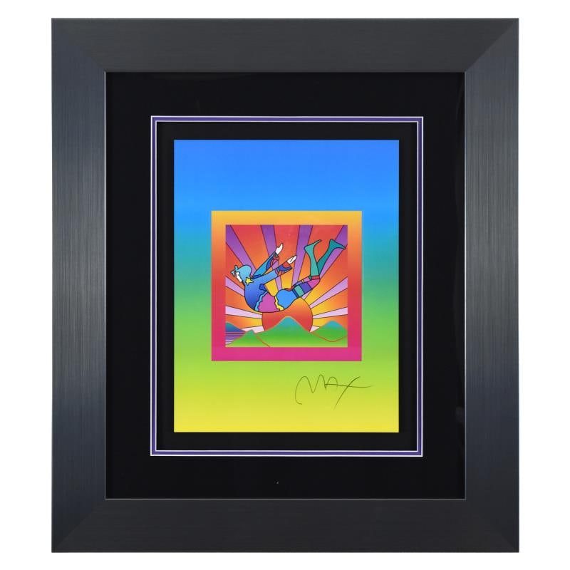 Cosmic Flyer With Sun on Blends Ver II by Peter Max: "Cosmic Flyer With Sun on Blends Ver II" is a limited edition lithograph on paper by Peter Max, numbered 496/500 and hand signed by the artist. This piece comes framed and includes Certificate of Auth
