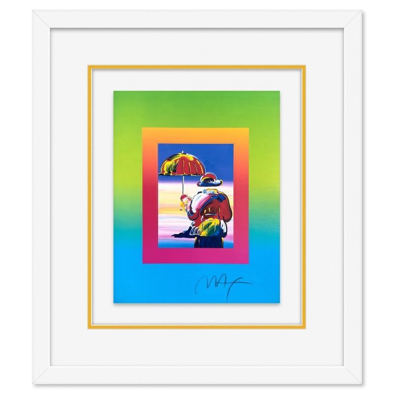 Umbrella Man on Blends by Peter Max: "Umbrella Man on Blends" is a limited edition lithograph on paper by Peter Max, numbered and hand signed by the artist. This piece comes framed. Includes Certificate of Authenticity from Peter Max Stu