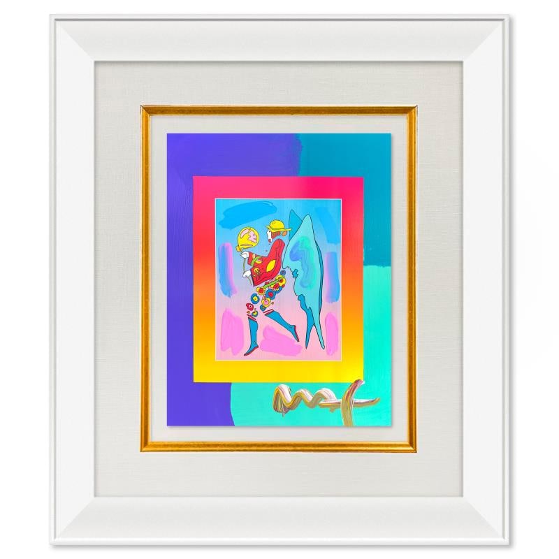 Tip Toe Floating by Peter Max: "Tip Toe Floating" is a hand signed one-of-a-kind acrylic mixed media on paper by Peter Max. The piece comes custom framed with a backside cutout to display Peter Max Studio registration number 270404