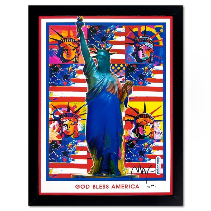 911 God Bless America I by Peter Max: 911 God Bless America I is an offset lithograph on paper by Peter Max, hand signed by the artist. This piece comes custom framed. Includes Letter of Authenticity. Measures approx. 28 x 22 (frame), 24