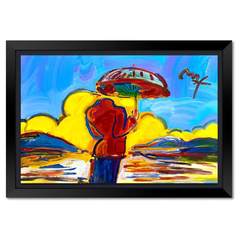 Umbrella Man at Sea by Peter Max: "Umbrella Man at Sea" is a one-of-a-kind mixed media on paper, hand signed by Peter Max. The piece comes custom framed with a backside cutout to display Peter Max Studio registration number 249434 cer