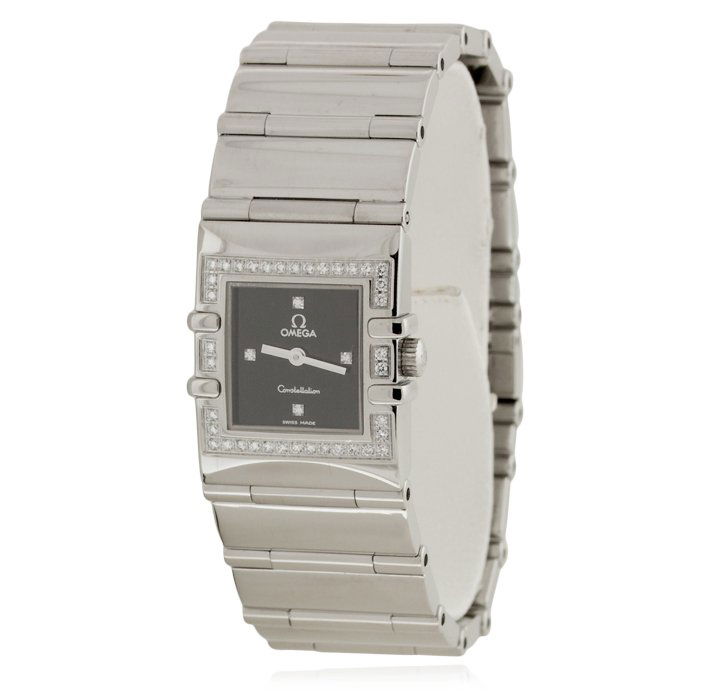 Omega Constellation Ladies Silver Quartz Watch GB1483: Omega Constellation Ladies Silver Quartz Watch GB1483. Good Condition! WM909WN. One Omega Constellation ladies watch featuring: stainless steel case, stainless steel band, black dial with diamonds, qu