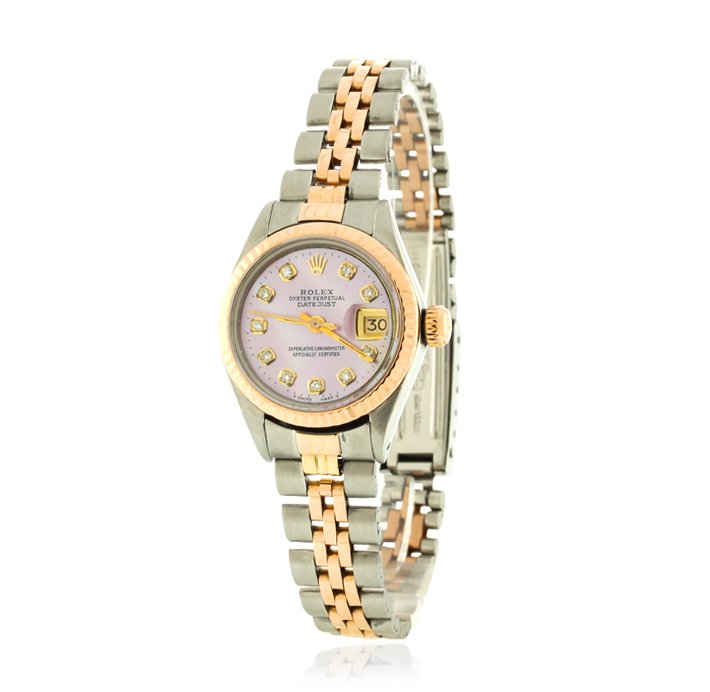 Ladies Rolex Two-Tone DateJust Wristwatch A4760: Ladies Rolex Two-Tone DateJust Wristwatch A4760. Good Condition! MJ9051TB. One ladies, hand crafted & machine milled Rolex DateJust Model Stainless Steel & 14KT rose gold wristwatch electronically tes