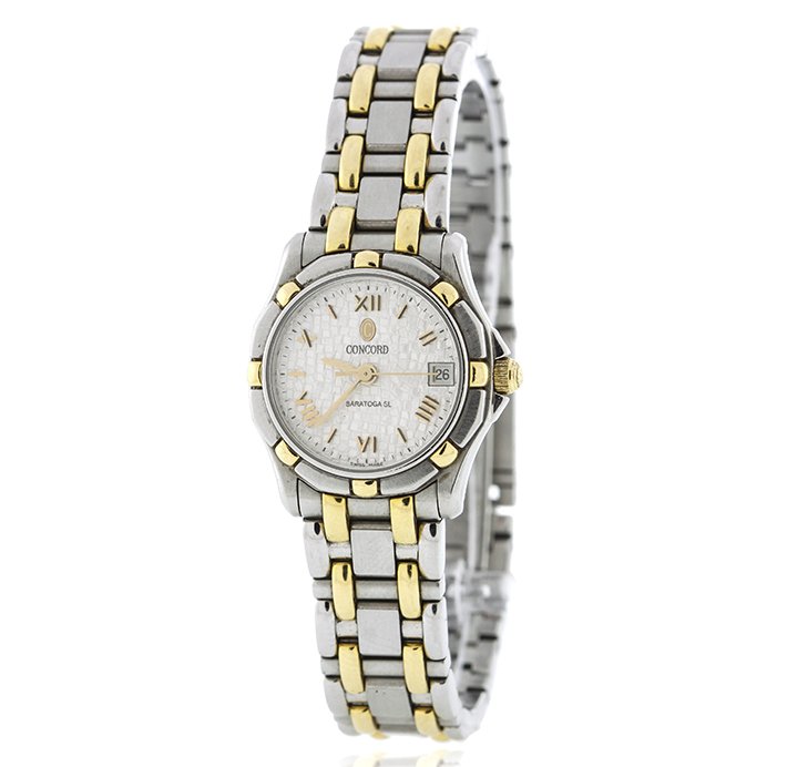 Ladies Concord Saratoga Watch GD492: Ladies Concord Saratoga Watch GD492. Good Condition! MN903GT. One Concord Saratoga watch featuring: 51 grams of stainless steel, 18KT yellow gold bracelet, bezel, silver mosaic roman dial, date displa