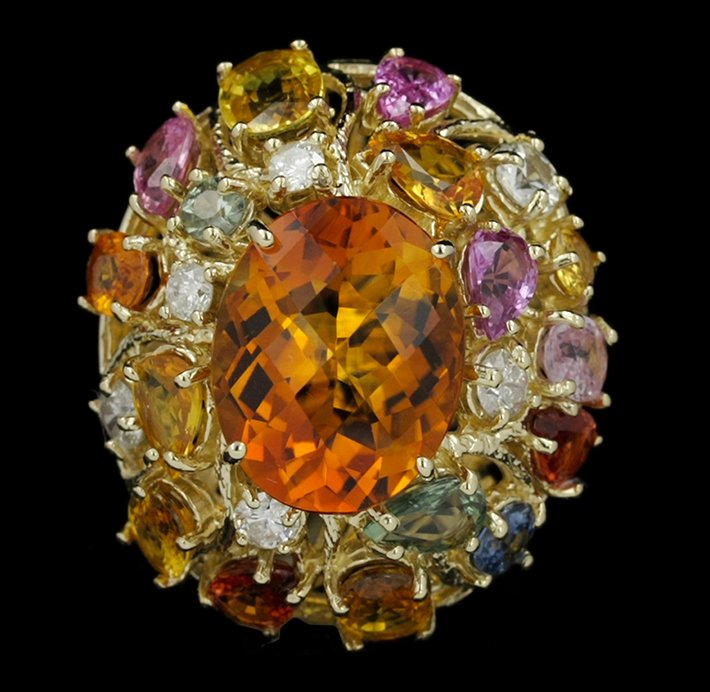14KT Yellow Gold 7.51ct Citrine & Diamond Ring AJF47: 14KT Yellow Gold 7.51ct Citrine & Diamond Ring AJF47. Good Condition! YE9621DK. One electronically tested 14KT yellow gold ladies cast multi-gemstone and diamond ring with a bright polish finish. The