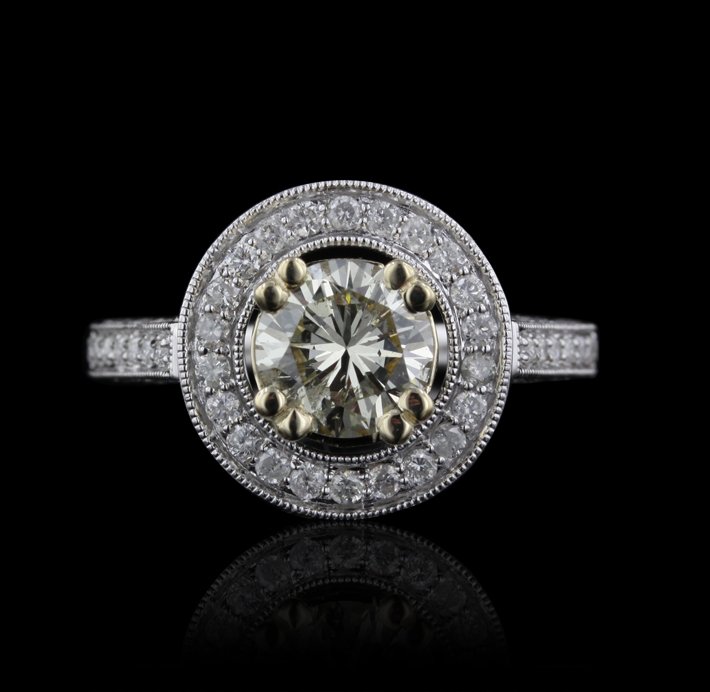 14KT White Gold 2.30ctw Yellow and White Diamond Ring A: 14KT White Gold 2.30ctw Yellow and White Diamond Ring A4404. Good Condition! LT9102PC. One electronically tested 14KT white gold ladies cast & assembled diamond unity ring. Condition is good. The feat