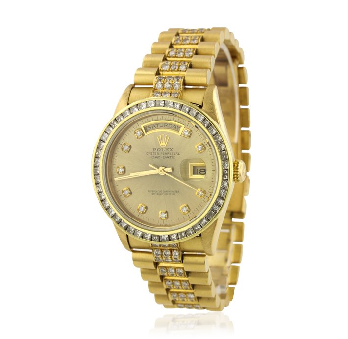 Gents Rolex 18KT Gold Super President Style DayDate Wri: Gents Rolex 18KT Yellow Gold Super President Style DayDate Wristwatch A4705. Good Condition! CD90911RQ. One gents, hand crafted & machine milled Rolex DayDate Model wristwatch the President electronic