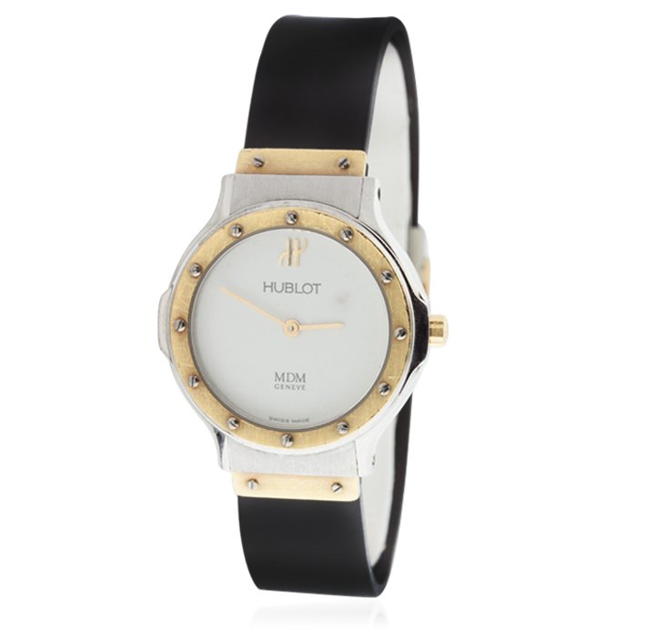 Hublot Geneve Ladies MDM Wristwatch GB1592: Hublot Geneve Ladies MDM Wristwatch GB1592. Good condition! CR9001NT. One Hublot Geneve Ladies MDM gold and steel watch. The watch features a stainless steel case, original gold fixed bezel, white dia