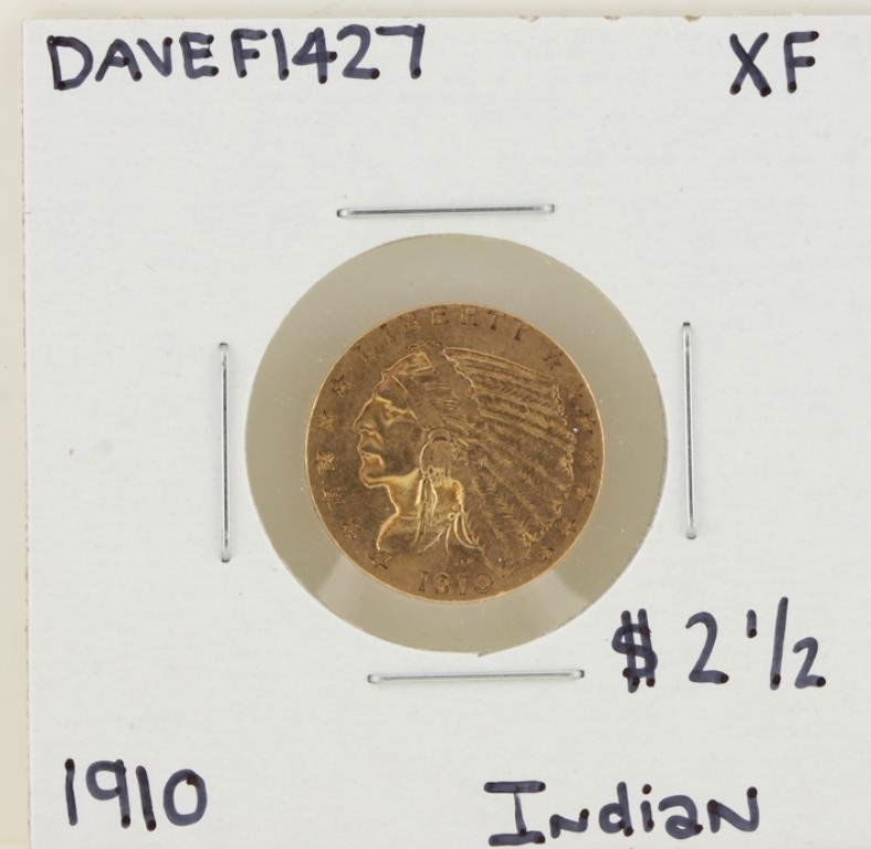 1910 $2 1/2 XF Indian Head Qaurter Eagle Gold Coin: 1910 $2 1/2 XF Indian Head Qaurter Eagle Gold Coin DaveF1427. As-Is Condition! AW273AU. One 1910 $2 1/2 XF Indian Head Qaurter Eagle Gold Coin.