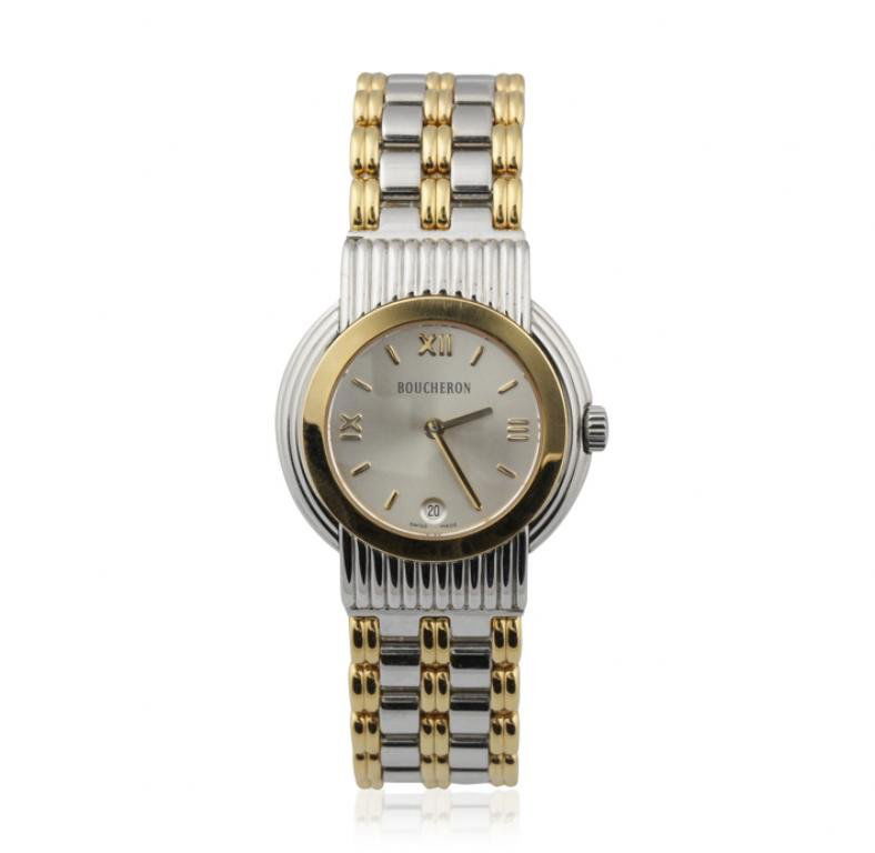 Ladies Boucheron Two-Tone Stainless Steel Wristwatch: Ladies Boucheron Two-Tone Stainless Steel Wristwatch GB1140. Great Condition! PT206QT. One ladies Boucheron two-tone stainless steel wristwatch. The watch features: two-two stainless steel case and br
