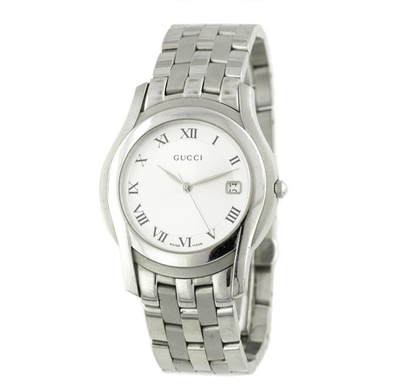 Gucci 5505 Mens Watch GD488: Gucci 5505 Mens Watch GD488. As-Is Condtion! TM857XG. One watch featuring: stainless steel round shaped case with polished finish, Silver toned dial, hands & markers, stainless steel bezel, swiss quar