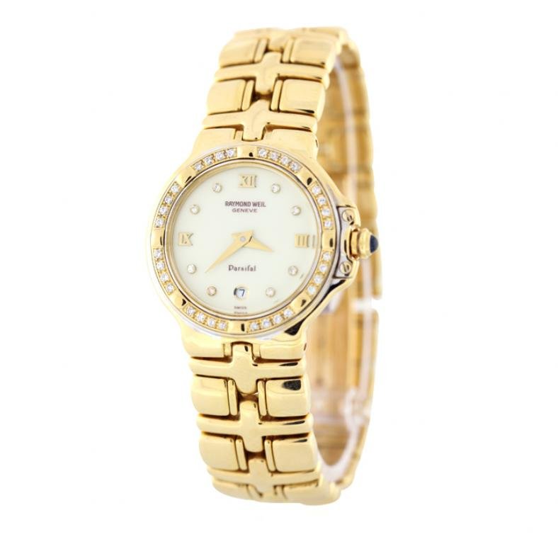 Raymond Weil Parsifal 18KT Yellow Gold Diamond: Raymond Weil Parsifal 18KT Yellow Gold Diamond Wristwatch GB1134. Good Condition! FD7524NB. One ladies, Raymond Weil Parsifal wristwatch, electronically tested 18KT yellow gold, Case: 27.0mm diameter,
