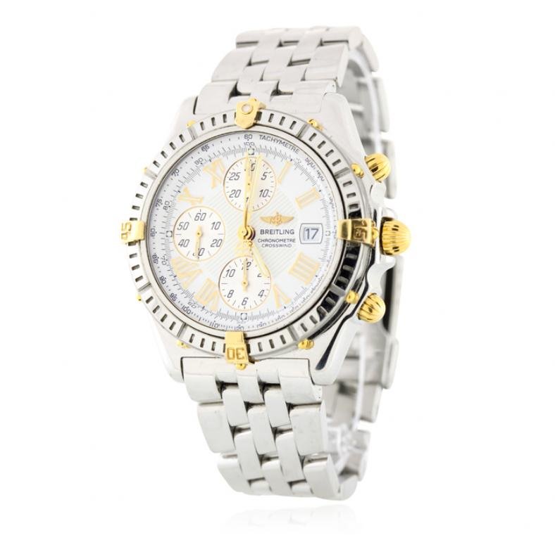 Gents Breitling Crosswind Chronograph Watch JP11: Gents Breitling Crosswind Chronograph Watch JP11. Good Condition! JF3523HJ. One gents breitling crosswind chronograph featuring: a stainless steel case measuring 44mm in diameter, a white and gold dia