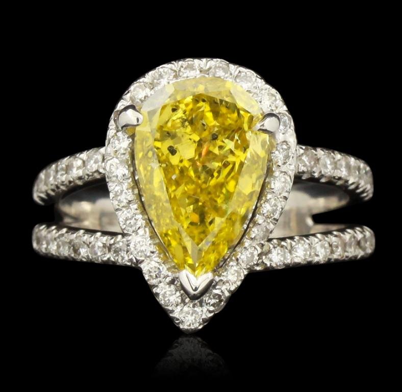 14KT White Gold 2.42ct I-1/Fancy Yellow Diamond Ring: 14KT White Gold 2.42ct I-1/Fancy Yellow Diamond Ring GB1781. Good Condition! YV1053YB. One electronically tested 14KT white gold ladies cast & assembled diamond ring with a bright polish finish. Condi